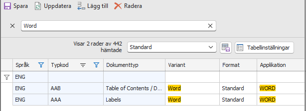 Filterfältet i filterläge. Raderna som inte träffas av sökvillkoret är dolda.